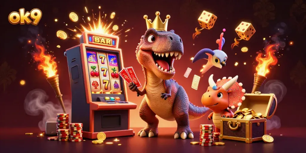 Spin the reels with ok9 as a quirky T-Rex, pterodactyl, and triceratops join in a colorful jackpot celebration.