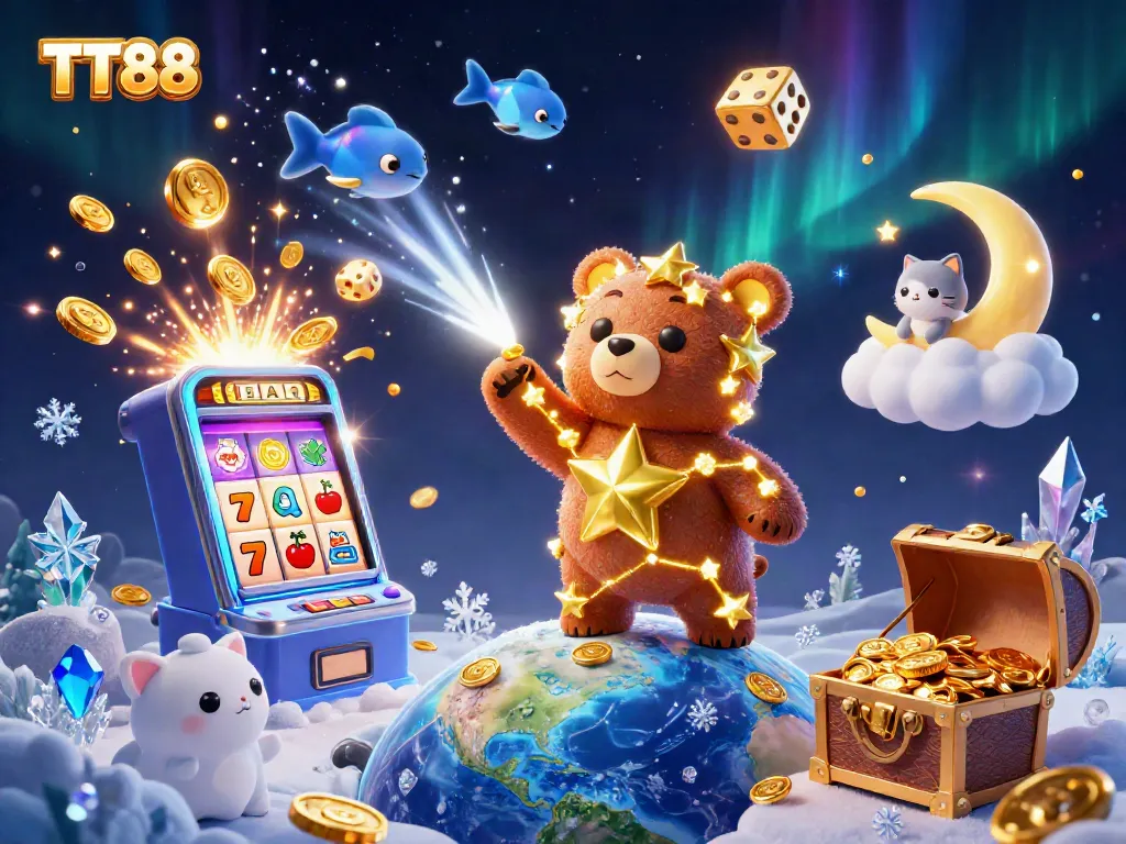 Experience TT88 with a vibrant casino adventure, showcasing cosmic characters amidst a jackpot explosion.