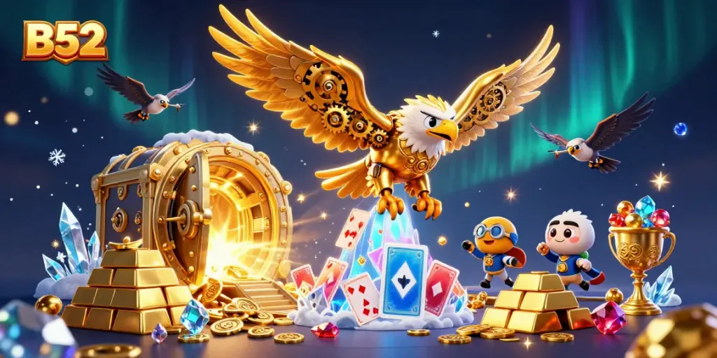 Immerse in B52 casino excitement as a golden eagle dives amidst holographic cards and treasures.