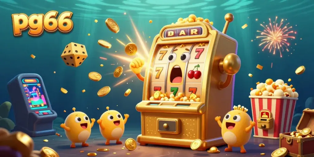 Experience big wins with pg66 in this animated casino scene featuring a golden jackpot slot machine and cheering companions.