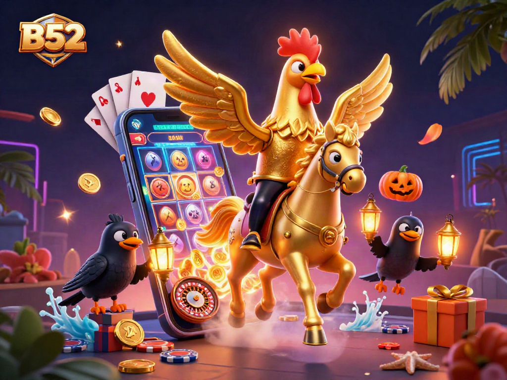 B52 inspired golden rooster casino scene with a spectral horse, slot games, and vibrant elements