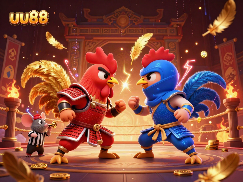 Engage with uu88's thrilling roosters fighting in a vibrant casino arena illustration.