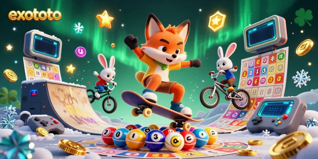 Goreng tiket lotere di EXOTOTO dengan ilustrasi kartun menarik dari karakter skate dan BMX.