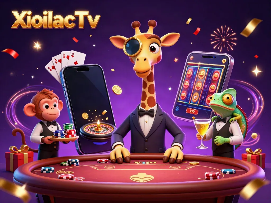 XoilacTv showcases an animated giraffe at a VIP poker table, symbolizing high-stakes gambling excitement.