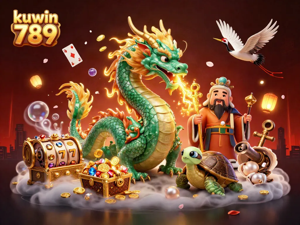Bet big with kuwin 789 in a vibrant casino world filled with lucky symbols and winning elements.