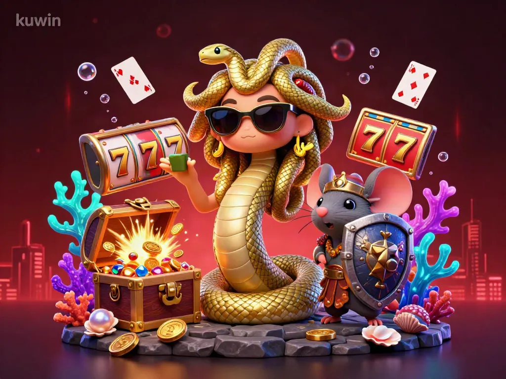 Kuwin celebrates gaming with Medusa and a warrior mouse amidst vibrant casino action.