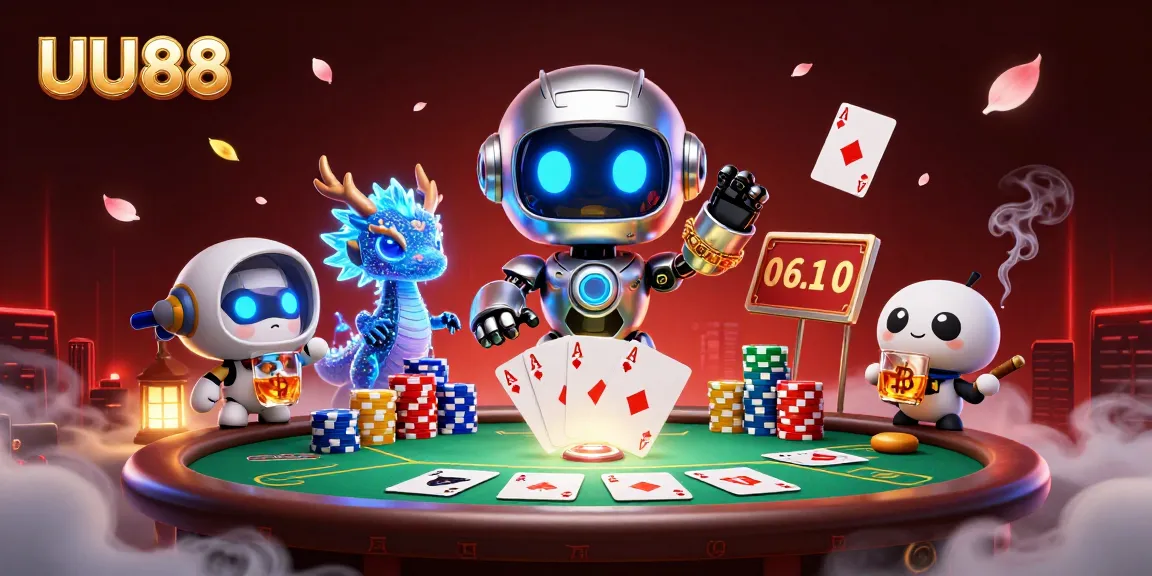 Take a winning chance with UU88 in this vibrant 3D casino scene featuring poker elements.