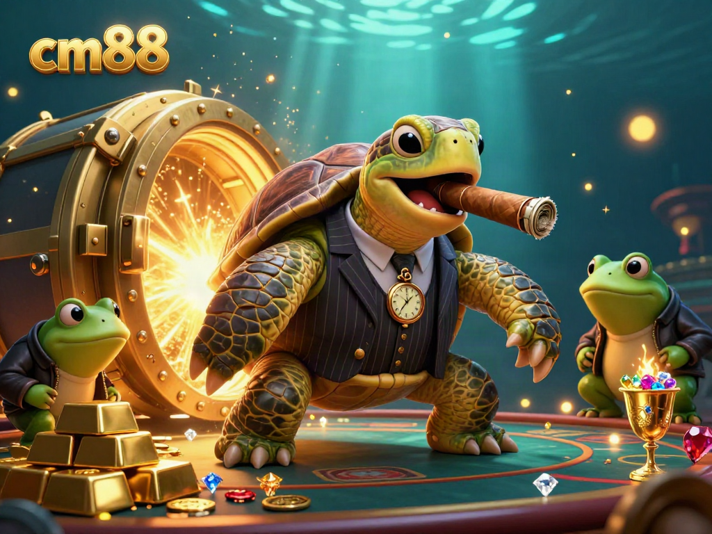 Engage with cm88's thrilling atmosphere of a casino featuring a mobster turtle flanked by bullfrog enforcers.