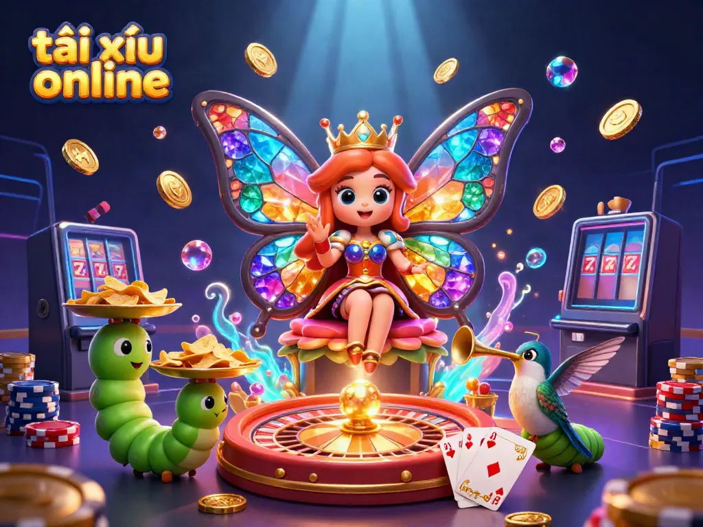 Experience tài xỉu online with dynamic, colorful casino elements and a vivid butterfly queen.