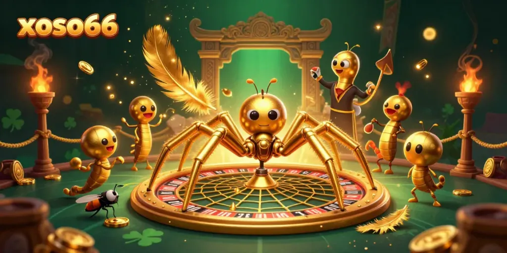Experience the excitement of xoso66 with a golden spider and centipede croupier in a dynamic casino scene.