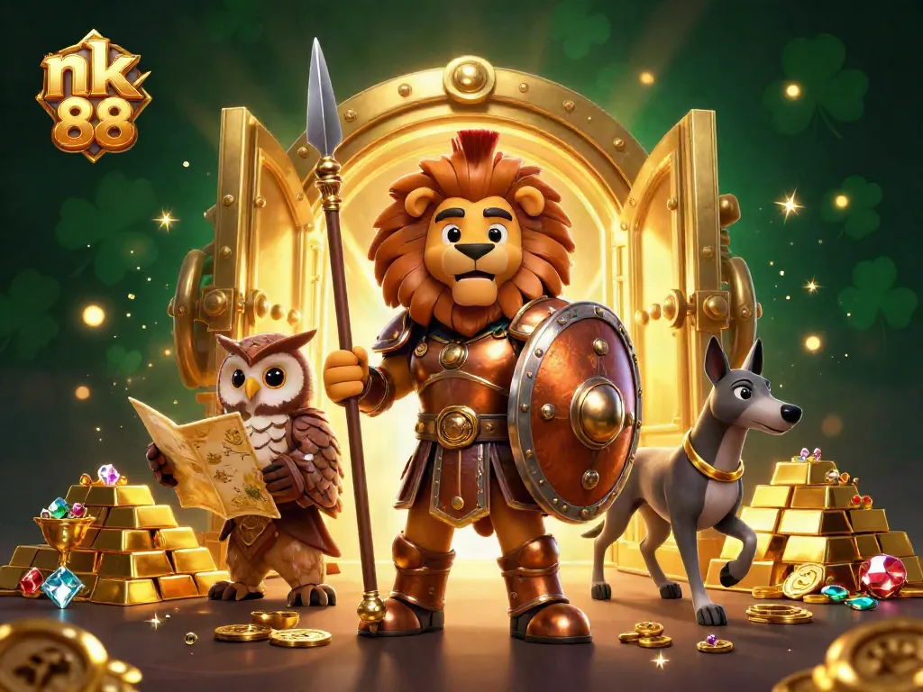 Experience thrilling bets with nk 88 featuring a Spartan lion and treasure in a vibrant casino scene.