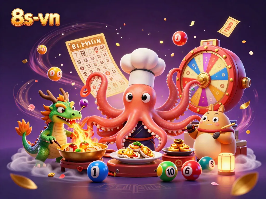 Engage with 8s-vn's thrilling casino scene featuring a sushi chef octopus, dragon, and tanuki amidst dynamic game elements.