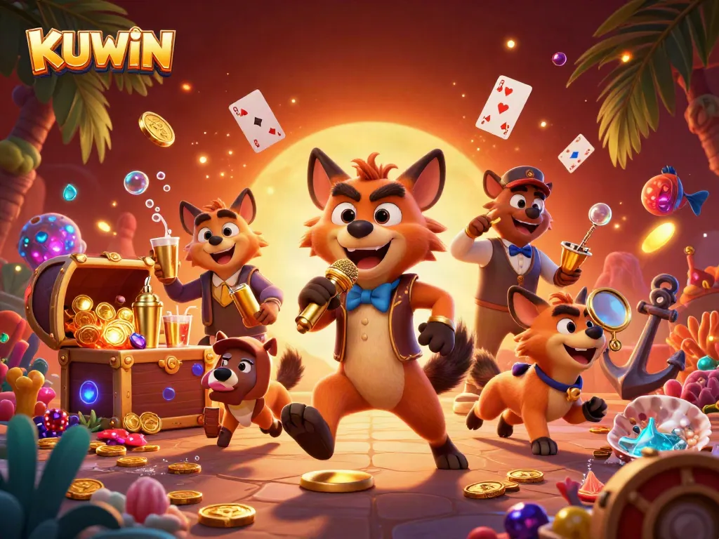 Experience the vibrant comedy casino scene of KUWIN with hyenas and treasures.