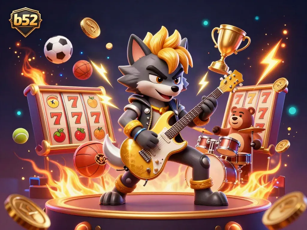 Experience exciting gameplay with b52's vibrant casino illustration featuring a rock star wolf and a drummer bear.