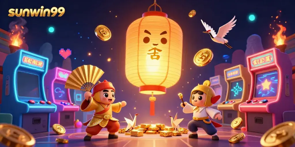 Engage with sunwin99's vibrant casino game world filled with golden lantern spirits and exciting arcade elements.