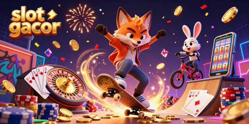 Experience slot gacor excitement with a dynamic 3D scene of a skateboarder fox and BMX rabbit amidst casino symbols and coins.