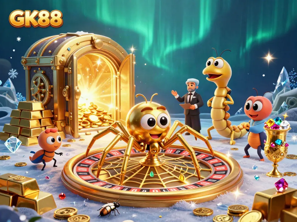 Bet on GK88 with a cartoon spider and centipede in a vibrant casino treasure scene.