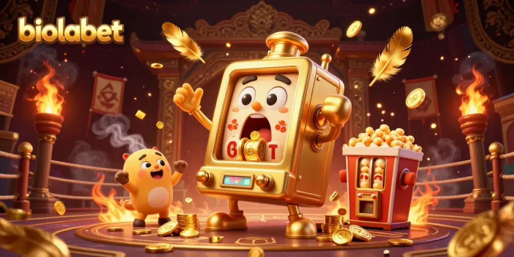 Experience the excitement of biolabet with a golden slot machine celebrating a jackpot in a vibrant casino setting.
