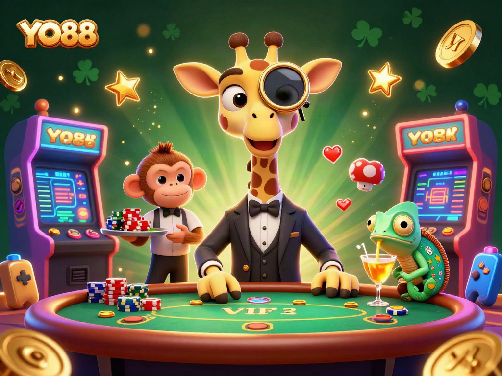 Experience thrilling gameplay at YO88 with a high-roller giraffe, monkey valet, and chameleon bartender in this vibrant casino scene.