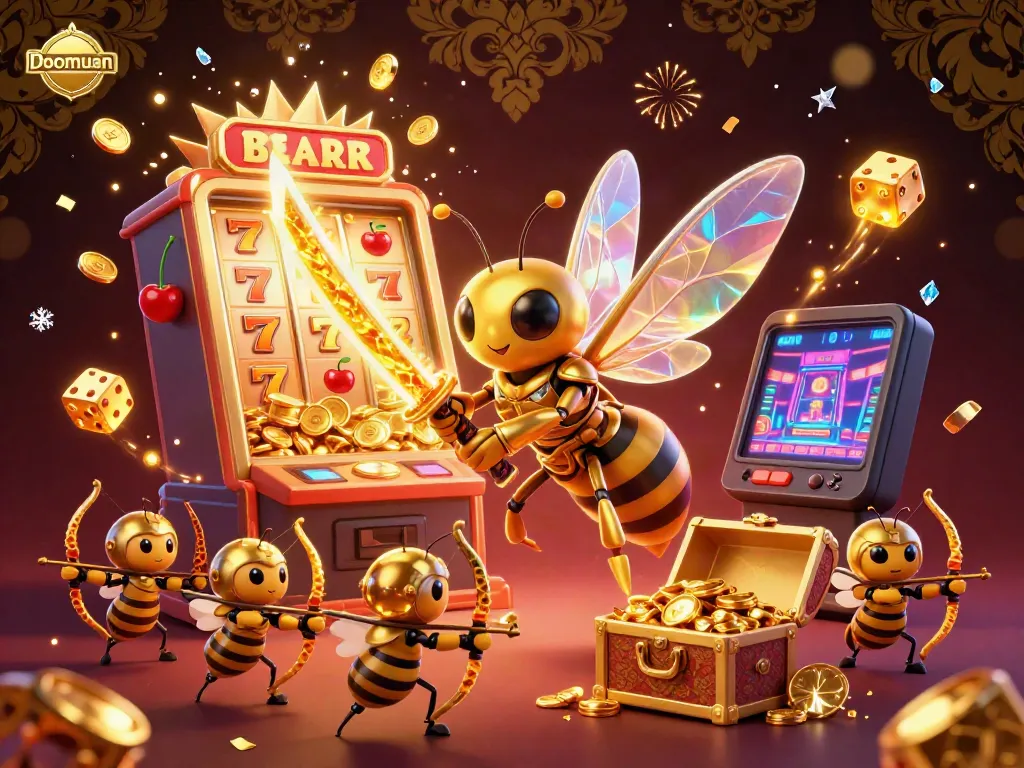 Doomuan lights up the casino scene with a golden hornet and jackpot slot machine bursting with prizes.
