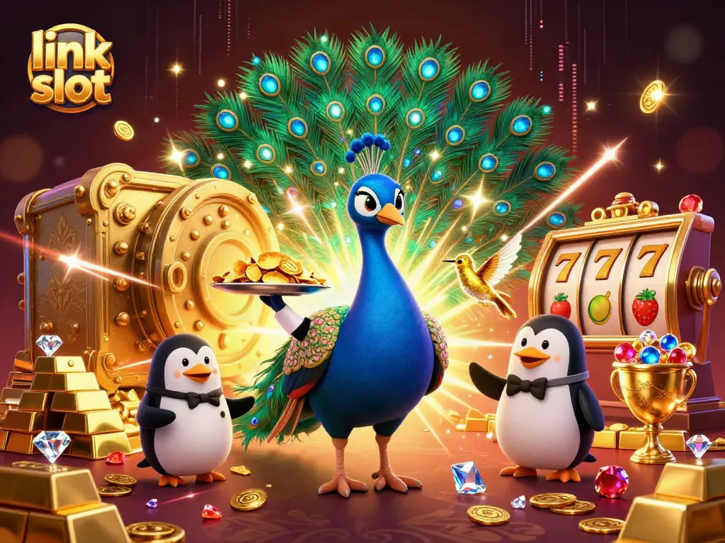 Engage with link slot through a whimsical casino scene of an aristocratic peacock and penguin, overflowing with gold and jewels.