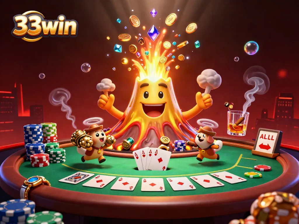 Experience the excitement of 33win as a golden volcano erupts with coins while explorer animals collect treasures.