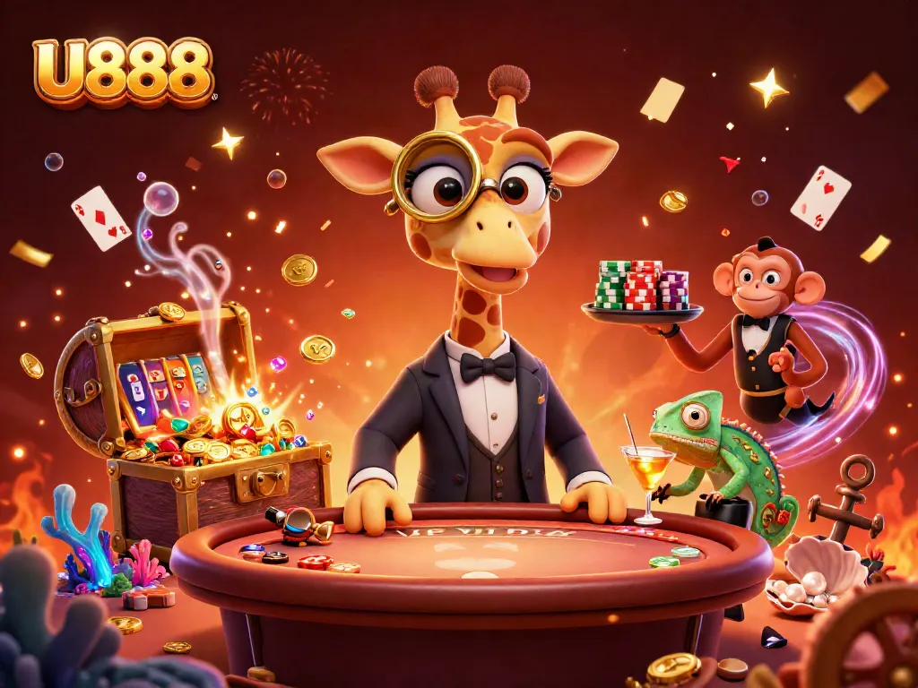 Experience the vibrant energy of U888 with a high-roller giraffe, monkey valet, and chameleon bartender amidst exciting gambling elements.