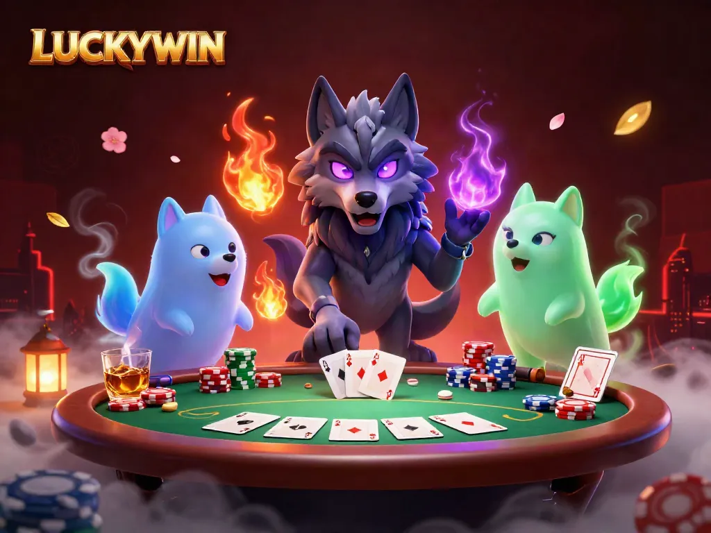 Experience intense gameplay at LUCKYWIN, featuring a vibrant poker scene with dynamic ghostly wolves and chips.