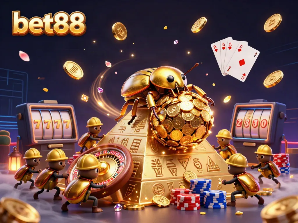 Experience the excitement of bet88 with golden coins and vibrant casino elements in a rich 3D scene.