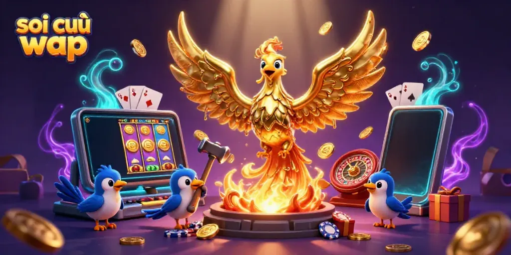 Soi cầu wap with a golden phoenix and 3D gambling elements in a vibrant casino setting