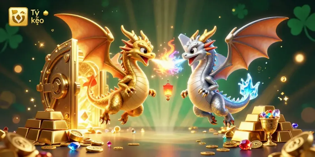 Experience the excitement of Tỷ lệ kèo with vibrant dragons and treasures in this dynamic illustration.