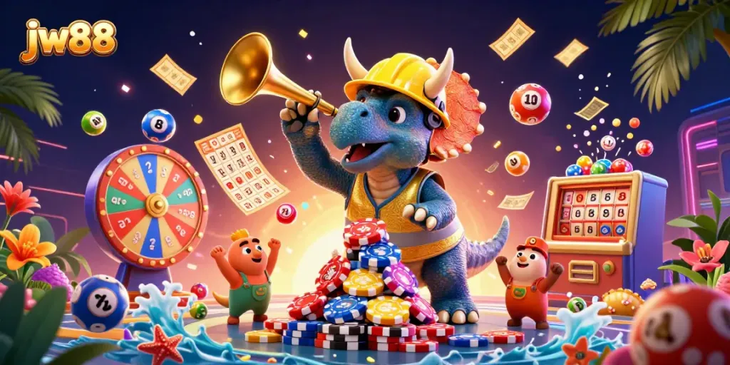 Engage with exciting moments at jw88, featuring vibrant casino-themed characters and elements celebrating jackpot wins.
