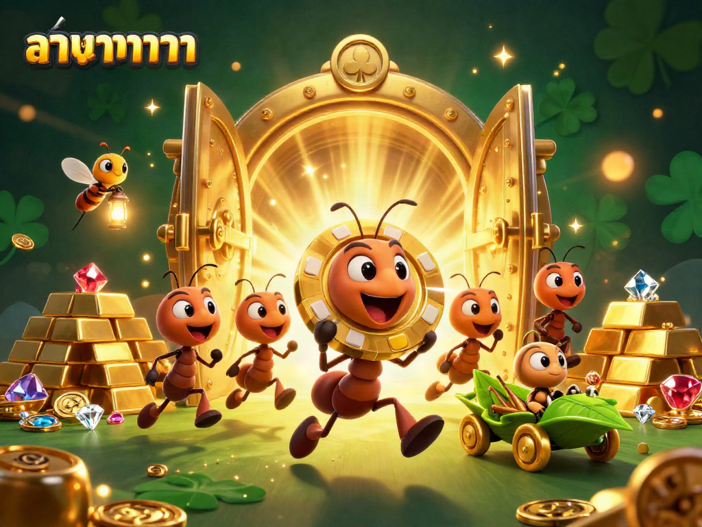 Experience strategic baccarat strategies with animated ants and golden treasures in a vibrant casino heist scene.