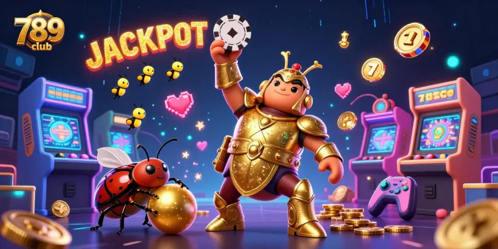 Play exciting games at 789club, featuring a heroic beetle in golden armor and vibrant casino elements.