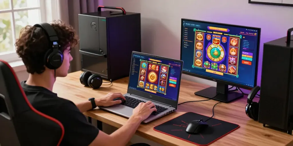 Player enjoying link gacor slot games on a sleek laptop in a cozy gaming setup.