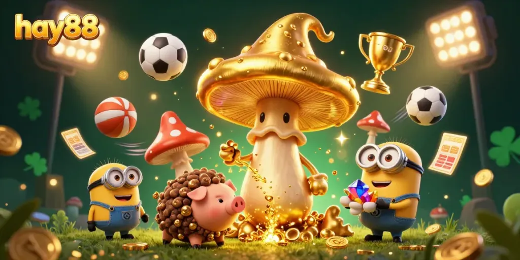 Experience thrilling action with hay88 in this vivid casino-inspired illustration of magical characters and sports elements.