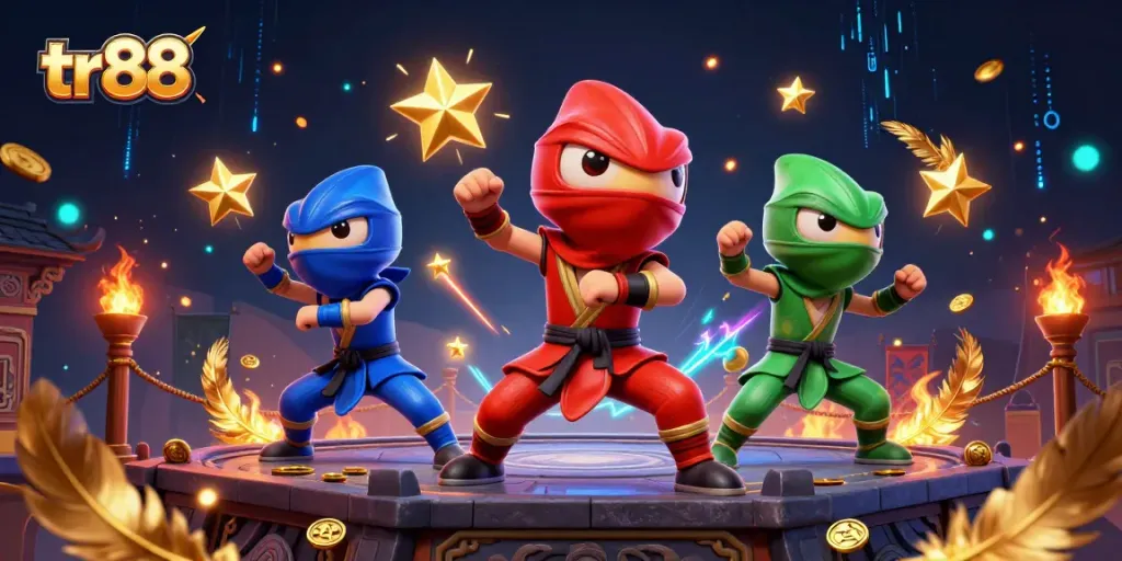 tr88 chameleon ninjas performing acrobatics with golden coins and betting tokens