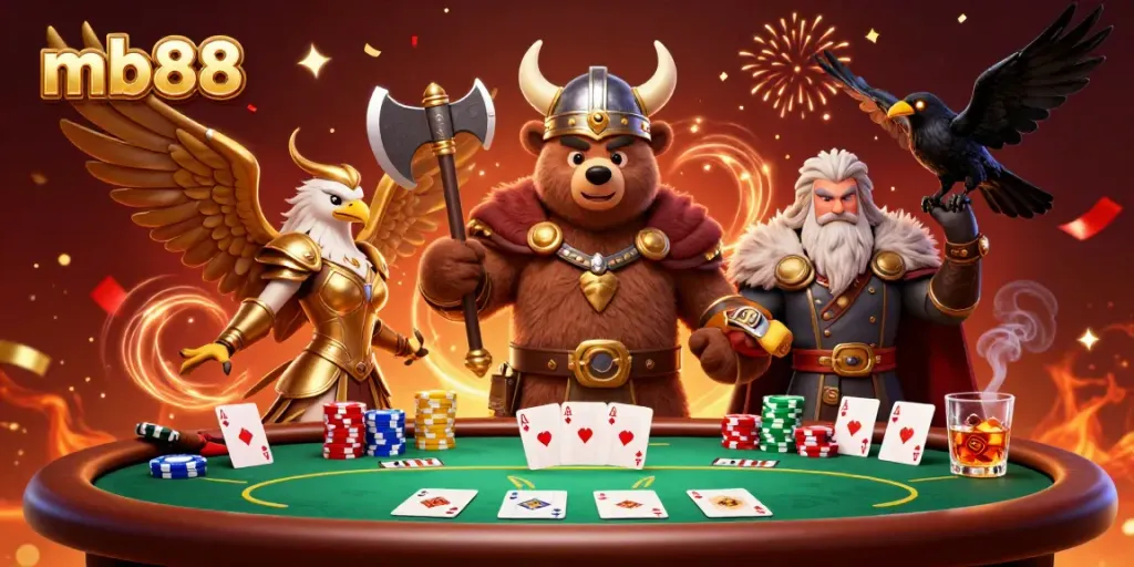 Experience thrilling gameplay at mb88 with a Viking bear and Valkyrie eagle amidst poker excitement.