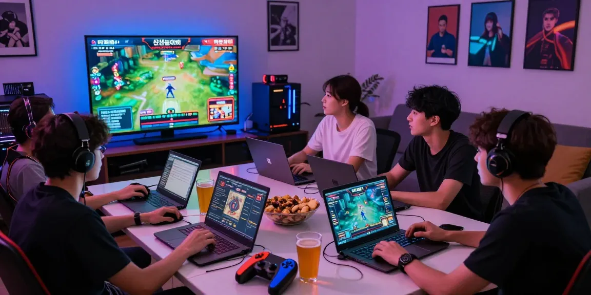 먹튀검증 추천 먹튀스팟 gaming community scene with friends enjoying safe playground and gaming setup.