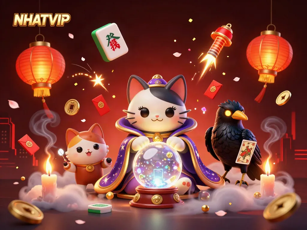 Join the excitement with NHATVIP's vibrant casino atmosphere featuring fortune tellers and game symbols.