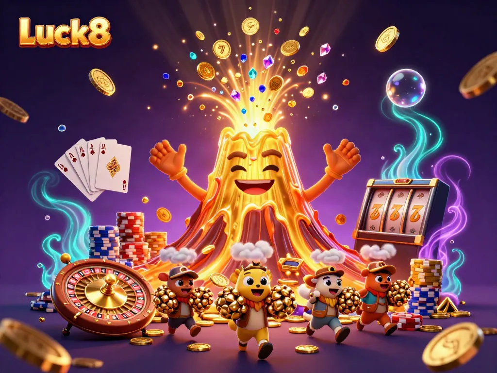 Experience vibrant gaming action with Luck8's golden volcano erupting coins and gems, offering thrills for players.