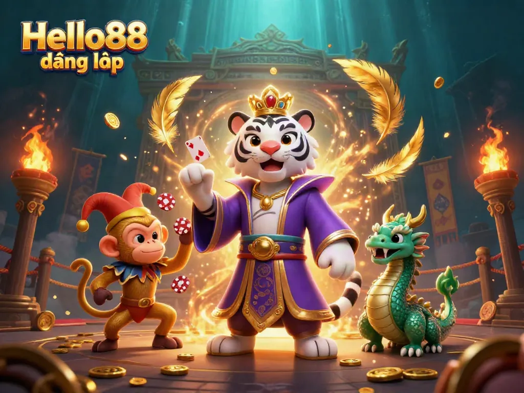 Engage with Hello88 đăng nhập to experience vibrant casino gameplay featuring a dynamic tiger, monkey, and dragon.