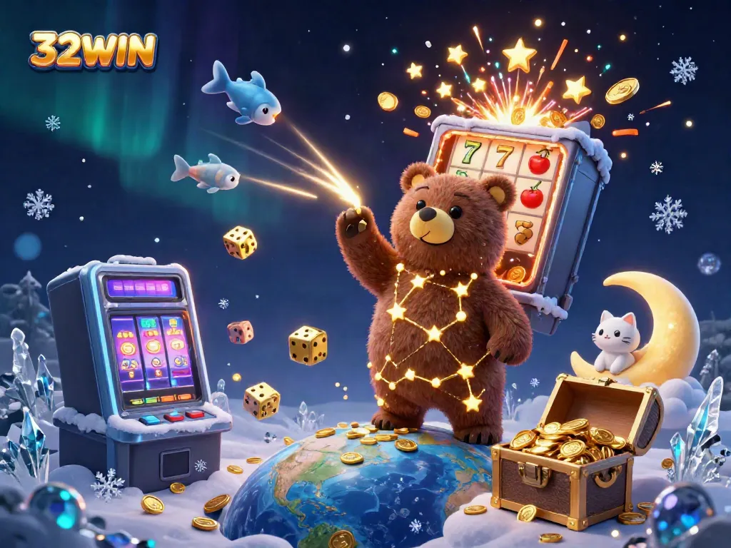 Experience the thrill of winning with 32WIN's vibrant casino adventure, featuring a playful constellation bear and dynamic game elements.