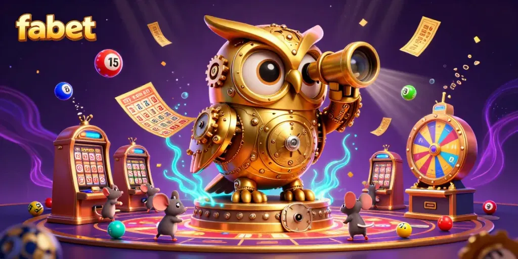 Experience fabet's vibrant casino scene with a clockwork owl and fun winning elements.