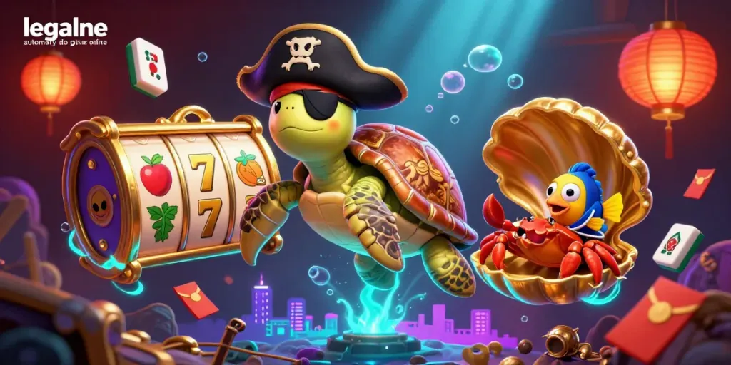 Engage with legalne automaty do gier online in a vibrant casino scene featuring a pirate turtle and rich 3D elements.