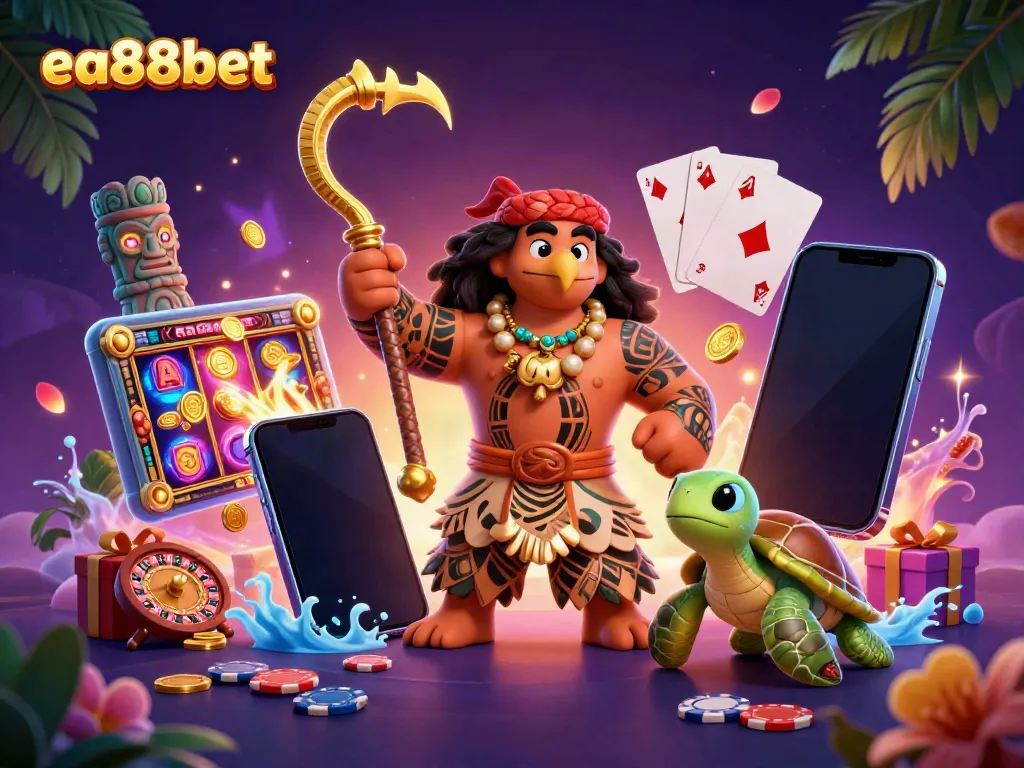 Engage with the exciting world of ea88bet through dynamic 3D illustrations, showcasing vibrant gaming elements and characters.