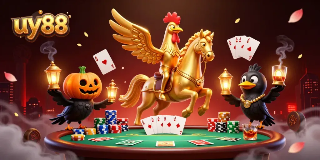 Immerse in uy88 casino magic with a golden rooster and spectral horse amid poker excitement