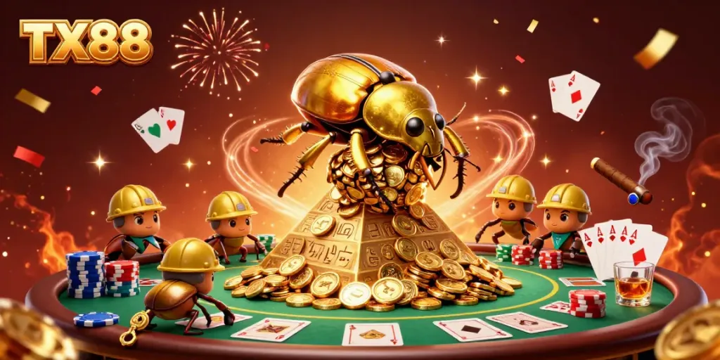 Experience the excitement of TX88 with a golden dung beetle rolling coins up a pyramid.