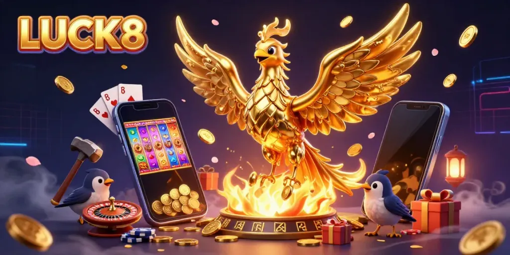 Experience the thrill of LUCK8 with a golden phoenix, mobile casino games, and dynamic action elements.