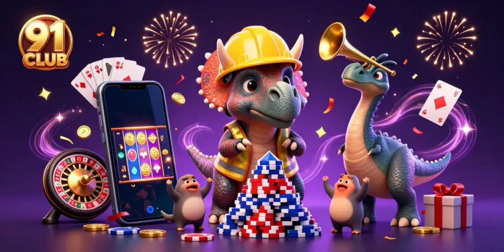 Engage with the vibrant world of 91 CLUB featuring casino-themed characters and festive elements.